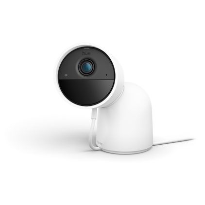 Close-up van de voorkant van Hue Secure Camera, bedraad met cameravoet